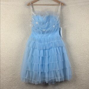 NWT Mac Duggal Blue Feather Tulle Strapless Mini Dress Size 6